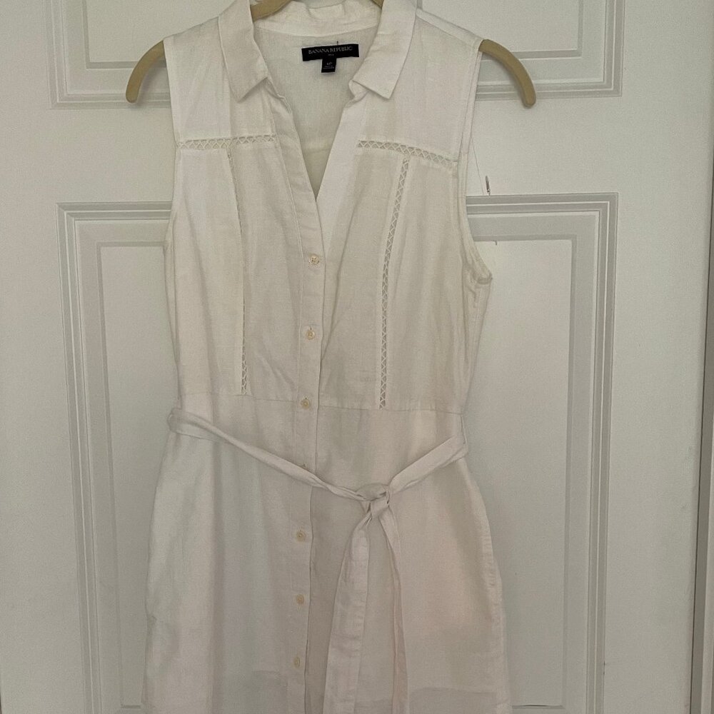 BR white linen sleeveless shirt dress with embroidered detail and tie belt